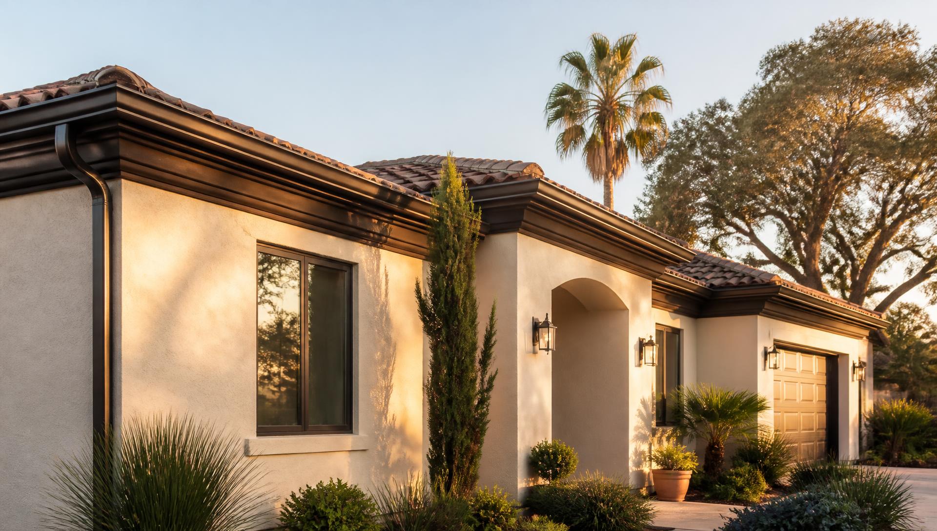 California ranch home with new dark bronze seamless rain gutters along the roofline
